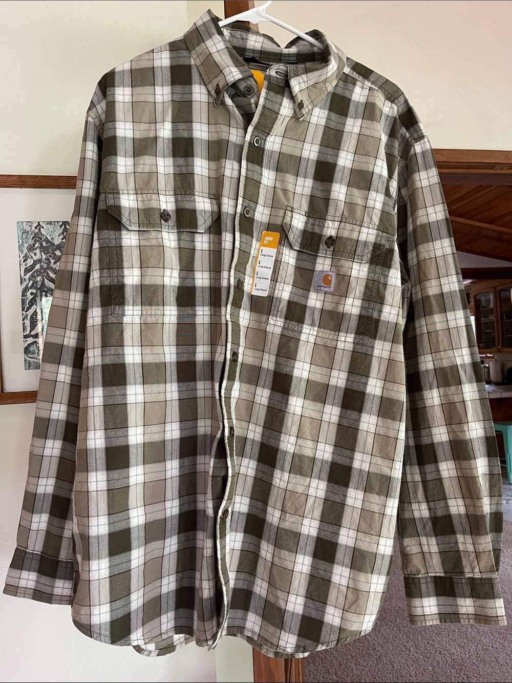 Carhartt Olive, Cream & Tan Plaid Button-Up Shirt, NEW with tags